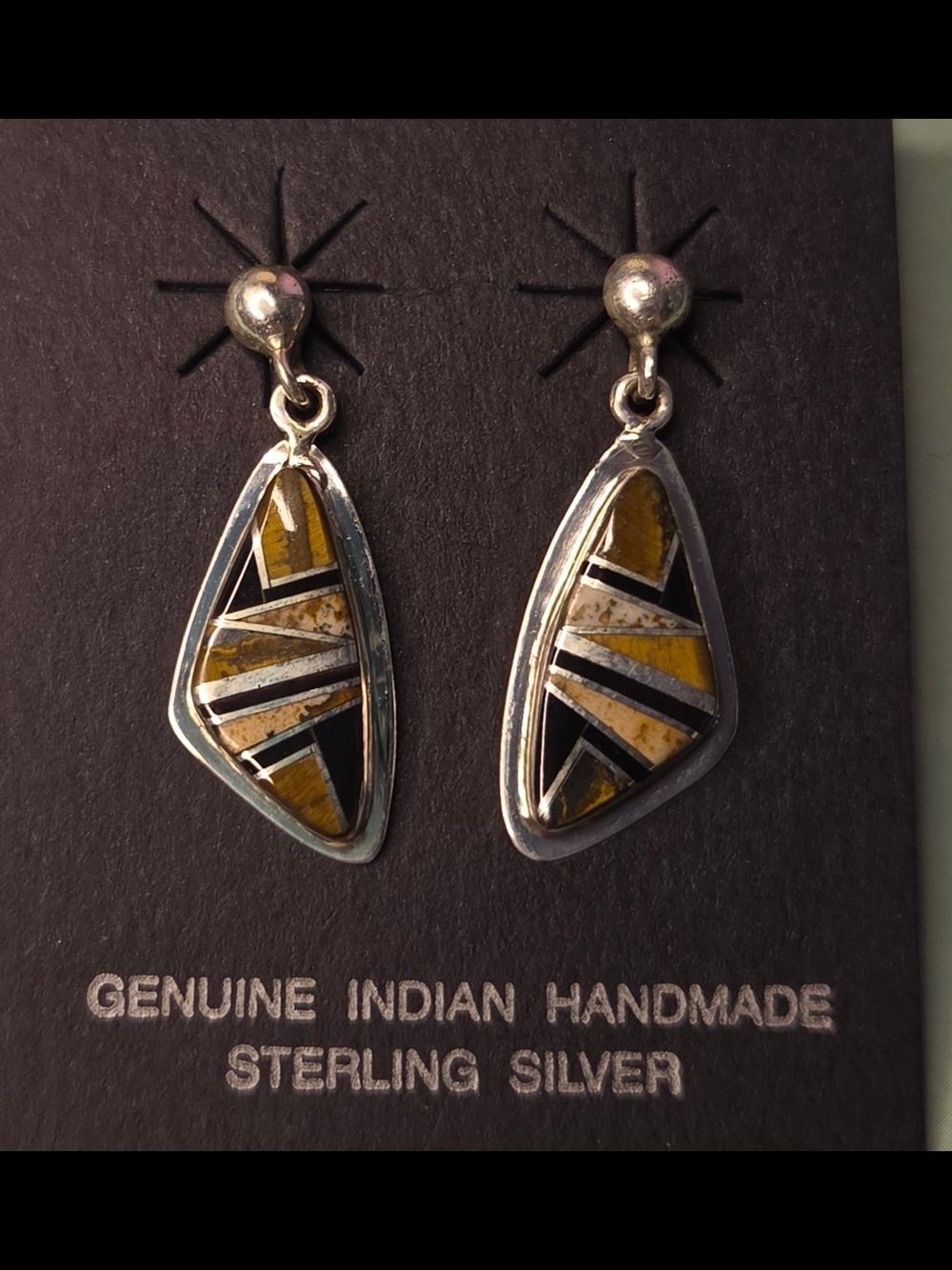 Tiger Eye Onyx Inlay Earrings Sterling Silver VB Geometric Drop